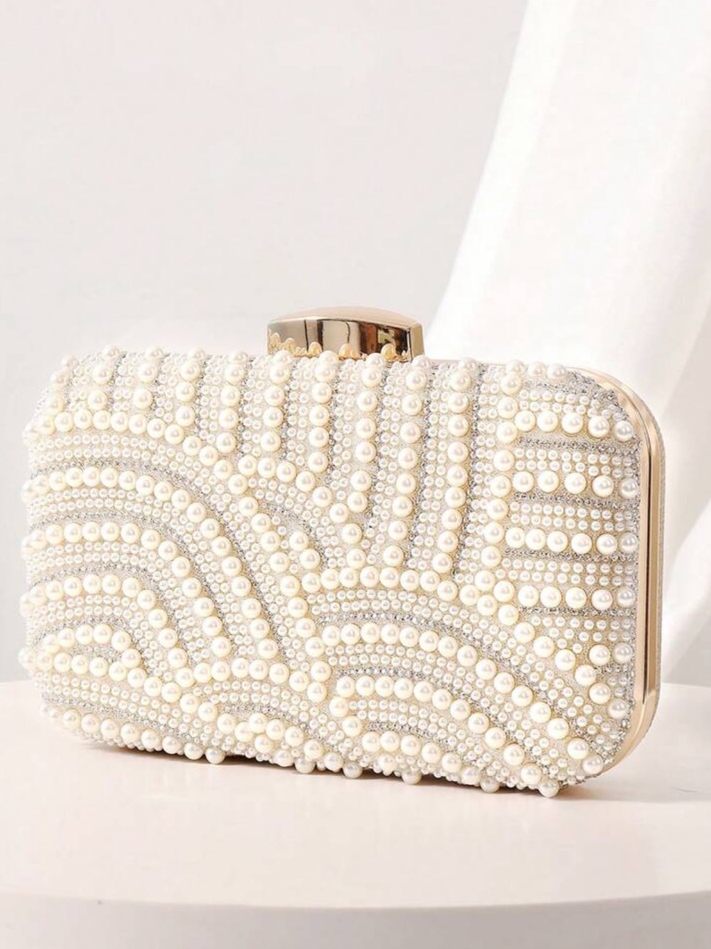 Elegant Pearl-Embellished White Evening Clutch